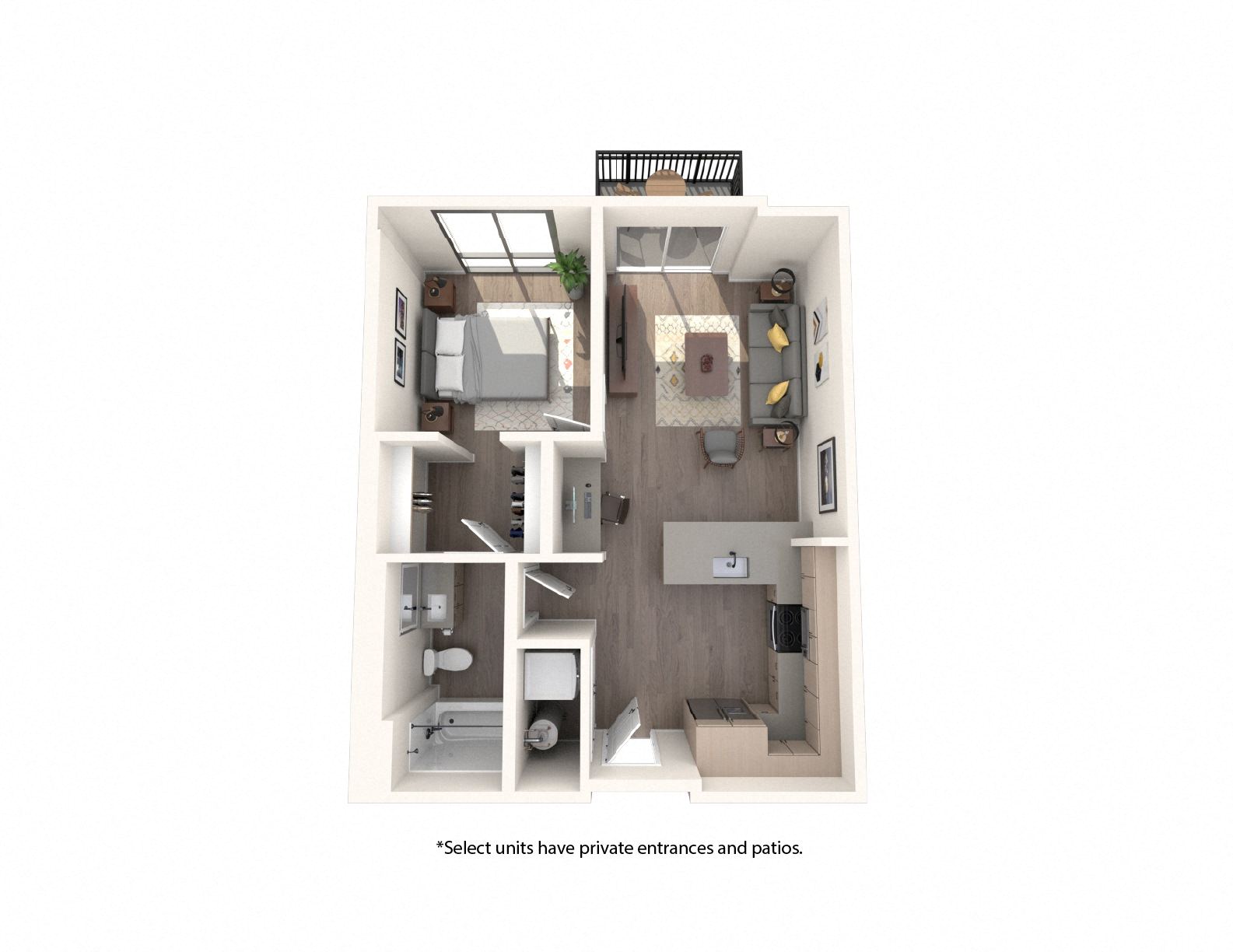 Floor plan for 1 bed, 1 bath, 638 sqft